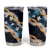 Puakenikeni Maile Lei Tumbler Cup Frangipani Blue Tropical Leaves LT01 Blue - Polynesian Pride