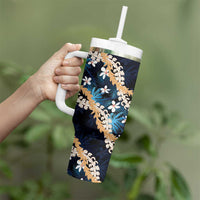 Puakenikeni Maile Lei Tumbler With Handle Frangipani Blue Tropical Leaves LT01 - Polynesian Pride