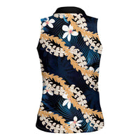 Puakenikeni Maile Lei Women Sleeveless Polo Shirt Frangipani Blue Tropical Leaves