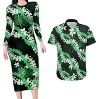 Puakenikeni Maile Lei Couples Matching Long Sleeve Bodycon Dress and Hawaiian Shirt Frangipani Green Tropical Leaves
