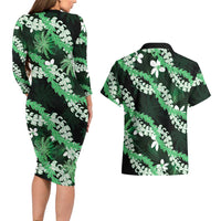 Puakenikeni Maile Lei Couples Matching Long Sleeve Bodycon Dress and Hawaiian Shirt Frangipani Green Tropical Leaves