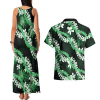 Puakenikeni Maile Lei Couples Matching Tank Maxi Dress and Hawaiian Shirt Frangipani Green Tropical Leaves