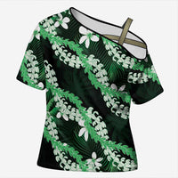 Puakenikeni Maile Lei Cross Shoulder Shirt Frangipani Green Tropical Leaves LT01 Female Green - Polynesian Pride