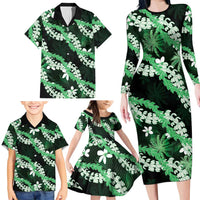 Puakenikeni Maile Lei Family Matching Long Sleeve Bodycon Dress and Hawaiian Shirt Frangipani Green Tropical Leaves