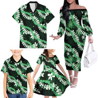 Puakenikeni Maile Lei Family Matching Off The Shoulder Long Sleeve Dress and Hawaiian Shirt Frangipani Green Tropical Leaves
