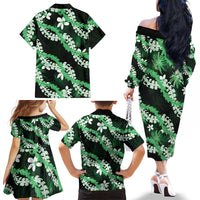 Puakenikeni Maile Lei Family Matching Off The Shoulder Long Sleeve Dress and Hawaiian Shirt Frangipani Green Tropical Leaves