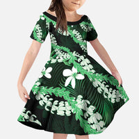 Puakenikeni Maile Lei Family Matching Short Sleeve Bodycon Dress and Hawaiian Shirt Frangipani Green Tropical Leaves