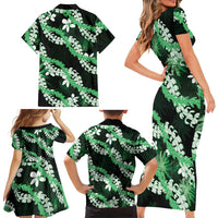 Puakenikeni Maile Lei Family Matching Short Sleeve Bodycon Dress and Hawaiian Shirt Frangipani Green Tropical Leaves