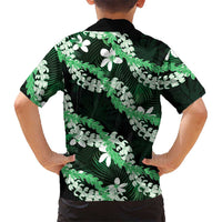 Puakenikeni Maile Lei Family Matching Summer Maxi Dress and Hawaiian Shirt Frangipani Green Tropical Leaves