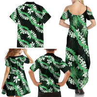 Puakenikeni Maile Lei Family Matching Summer Maxi Dress and Hawaiian Shirt Frangipani Green Tropical Leaves