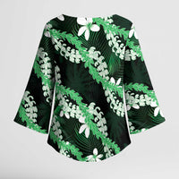 Puakenikeni Maile Lei Kimono Sleeve Blouse Frangipani Green Tropical Leaves LT01 - Polynesian Pride