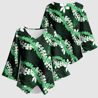 Puakenikeni Maile Lei Kimono Sleeve Blouse Frangipani Green Tropical Leaves LT01 - Polynesian Pride
