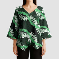 Puakenikeni Maile Lei Kimono Sleeve Blouse Frangipani Green Tropical Leaves LT01 - Polynesian Pride