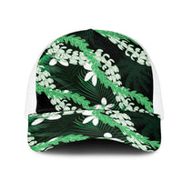 Puakenikeni Maile Lei Mesh Trucker Cap Frangipani Green Tropical Leaves LT01 One Size White Green - Polynesian Pride