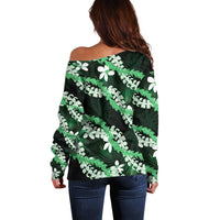 Puakenikeni Maile Lei Off Shoulder Sweater Frangipani Green Tropical Leaves LT01 - Polynesian Pride