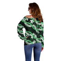 Puakenikeni Maile Lei Off Shoulder Sweater Frangipani Green Tropical Leaves LT01 - Polynesian Pride