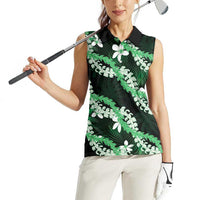 Puakenikeni Maile Lei Women Sleeveless Polo Shirt Frangipani Green Tropical Leaves