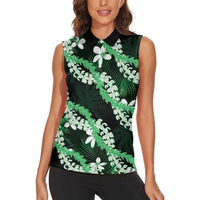 Puakenikeni Maile Lei Women Sleeveless Polo Shirt Frangipani Green Tropical Leaves