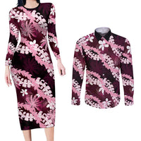 Puakenikeni Maile Lei Couples Matching Long Sleeve Bodycon Dress and Long Sleeve Button Shirt Frangipani Pink Tropical Leaves