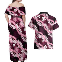 Puakenikeni Maile Lei Couples Matching Off Shoulder Maxi Dress and Hawaiian Shirt Frangipani Pink Tropical Leaves