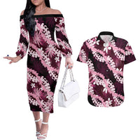 Puakenikeni Maile Lei Couples Matching Off The Shoulder Long Sleeve Dress and Hawaiian Shirt Frangipani Pink Tropical Leaves
