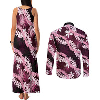Puakenikeni Maile Lei Couples Matching Tank Maxi Dress and Long Sleeve Button Shirt Frangipani Pink Tropical Leaves