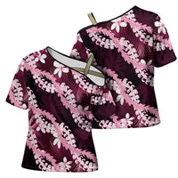 Puakenikeni Maile Lei Cross Shoulder Shirt Frangipani Pink Tropical Leaves LT01 - Polynesian Pride