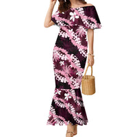 Puakenikeni Maile Lei Family Matching Mermaid Dress and Hawaiian Shirt Frangipani Pink Tropical Leaves