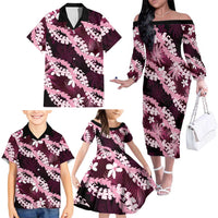Puakenikeni Maile Lei Family Matching Off The Shoulder Long Sleeve Dress and Hawaiian Shirt Frangipani Pink Tropical Leaves