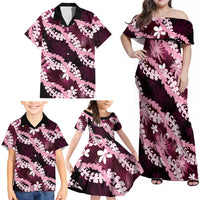 Puakenikeni Maile Lei Family Matching Off Shoulder Maxi Dress and Hawaiian Shirt Frangipani Pink Tropical Leaves