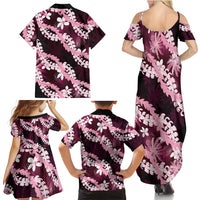 Puakenikeni Maile Lei Family Matching Summer Maxi Dress and Hawaiian Shirt Frangipani Pink Tropical Leaves