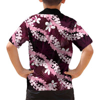 Puakenikeni Maile Lei Kid Hawaiian Shirt Frangipani Pink Tropical Leaves