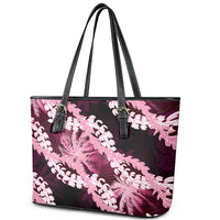 Puakenikeni Maile Lei Leather Tote Bag Frangipani Pink Tropical Leaves LT01 - Polynesian Pride