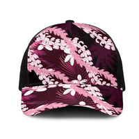 Puakenikeni Maile Lei Mesh Trucker Cap Frangipani Pink Tropical Leaves LT01 One Size Black Pink - Polynesian Pride