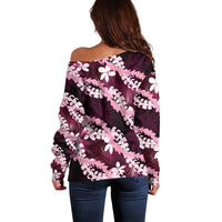 Puakenikeni Maile Lei Off Shoulder Sweater Frangipani Pink Tropical Leaves LT01 - Polynesian Pride