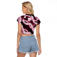Puakenikeni Maile Lei Raglan Cropped T Shirt Frangipani Pink Tropical Leaves