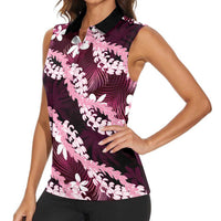 Puakenikeni Maile Lei Women Sleeveless Polo Shirt Frangipani Pink Tropical Leaves