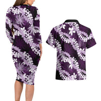Puakenikeni Maile Lei Couples Matching Long Sleeve Bodycon Dress and Hawaiian Shirt Frangipani Purple Tropical Leaves