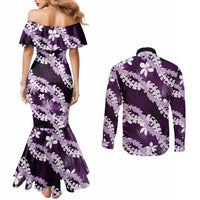 Puakenikeni Maile Lei Couples Matching Mermaid Dress and Long Sleeve Button Shirt Frangipani Purple Tropical Leaves