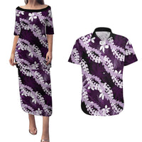 Puakenikeni Maile Lei Couples Matching Puletasi and Hawaiian Shirt Frangipani Purple Tropical Leaves