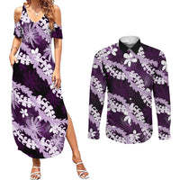 Puakenikeni Maile Lei Couples Matching Summer Maxi Dress and Long Sleeve Button Shirt Frangipani Purple Tropical Leaves