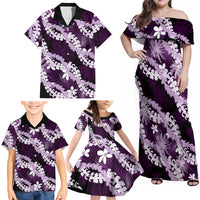 Puakenikeni Maile Lei Family Matching Off Shoulder Maxi Dress and Hawaiian Shirt Frangipani Purple Tropical Leaves