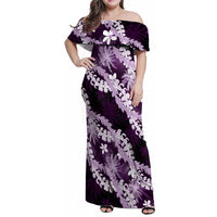 Puakenikeni Maile Lei Family Matching Off Shoulder Maxi Dress and Hawaiian Shirt Frangipani Purple Tropical Leaves