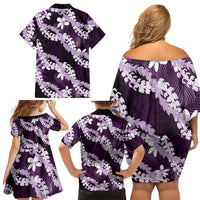 Puakenikeni Maile Lei Family Matching Off Shoulder Short Dress and Hawaiian Shirt Frangipani Purple Tropical Leaves