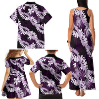 Puakenikeni Maile Lei Family Matching Tank Maxi Dress and Hawaiian Shirt Frangipani Purple Tropical Leaves