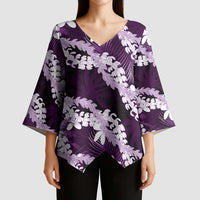 Puakenikeni Maile Lei Kimono Sleeve Blouse Frangipani Purple Tropical Leaves LT01 - Polynesian Pride