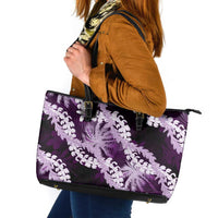 Puakenikeni Maile Lei Leather Tote Bag Frangipani Purple Tropical Leaves LT01 Purple - Polynesian Pride