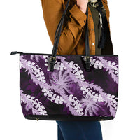 Puakenikeni Maile Lei Leather Tote Bag Frangipani Purple Tropical Leaves LT01 - Polynesian Pride