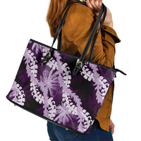 Puakenikeni Maile Lei Leather Tote Bag Frangipani Purple Tropical Leaves LT01 - Polynesian Pride