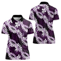 Puakenikeni Maile Lei Women Polo Shirt Frangipani Purple Tropical Leaves